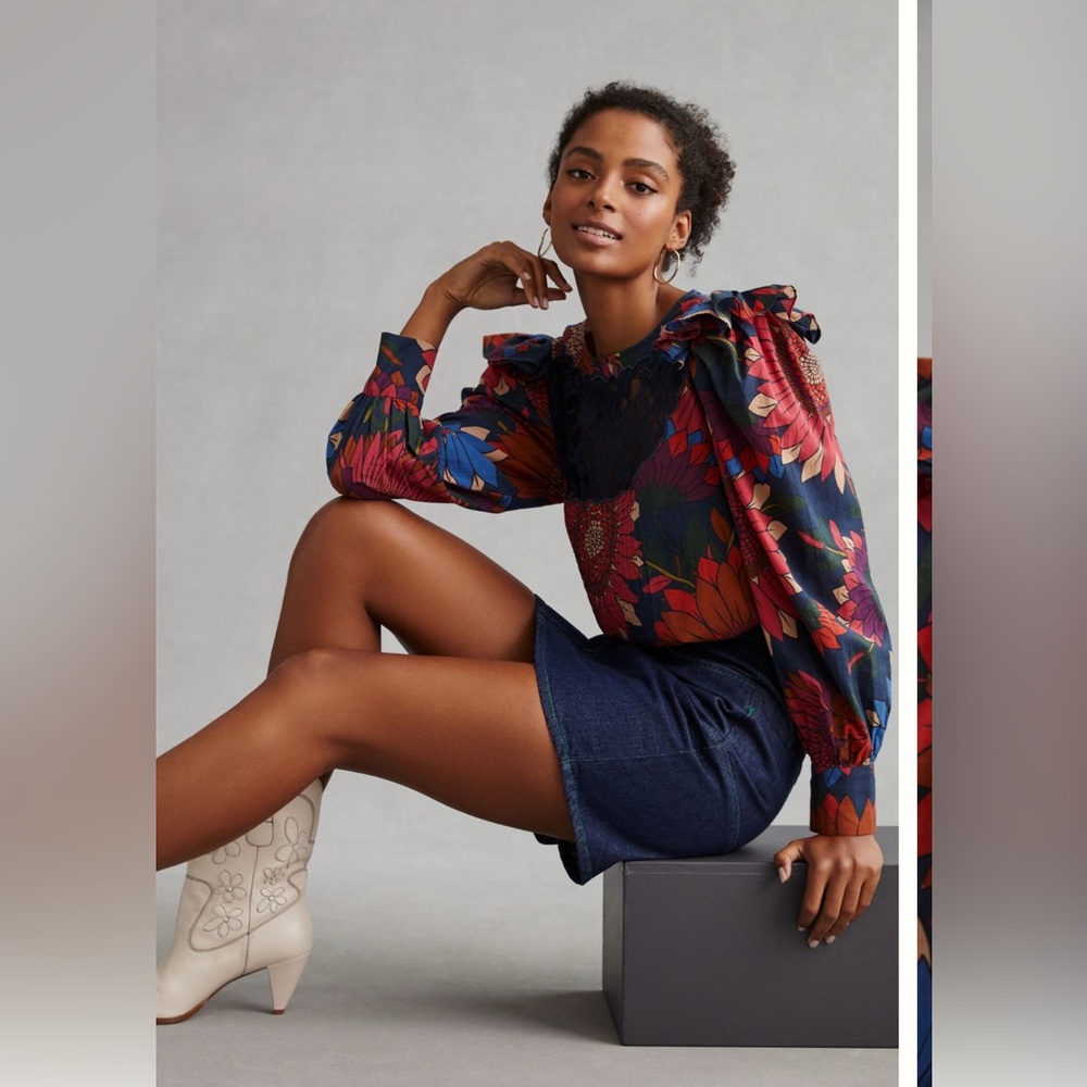 FARM Rio Navy Floral Puff-Sleeve Blouse with Red & Orange Blooms